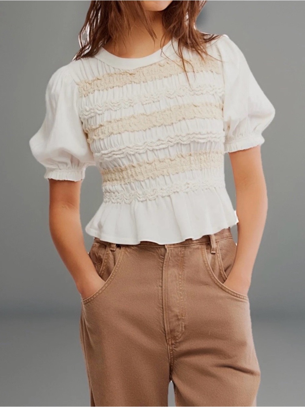 Free People NWT Maxey Smocked Ruffled Cream Puffed Half Sleeve Knit Top, XS - Picture 3 of 12